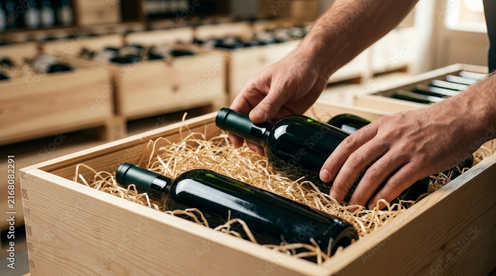 Obraz premium Worker placing premium wine bottles into straw-filled wooden boxes for shipping.