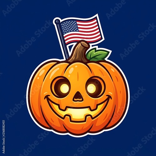Cute cartoon jackolantern pumpkin with an american flag