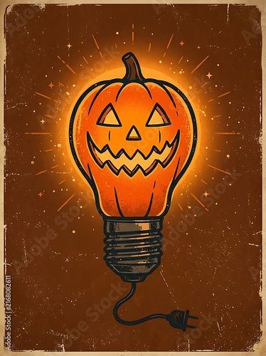 Vintage style illustration of a pumpkin light bulb