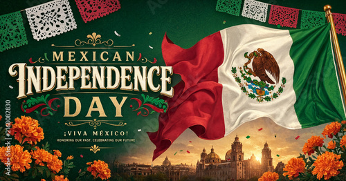 Mexican independence day promotional banner with green background and waving flag