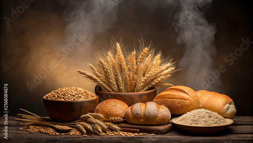 Golden wheat and artisan bread on wooden table with warm rustic lighting for organic food concept