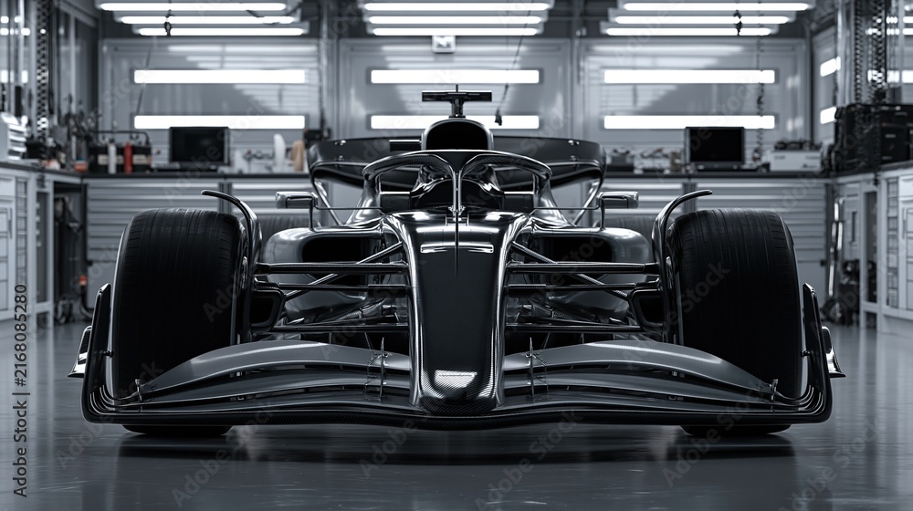 Fototapeta premium Modern black carbon fiber formula race car parked inside bright professional garage workshop ready for next motor racing competition shows high speed auto sport concept