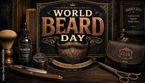 World beard day retro barber shop poster design with grooming equipment on dark background