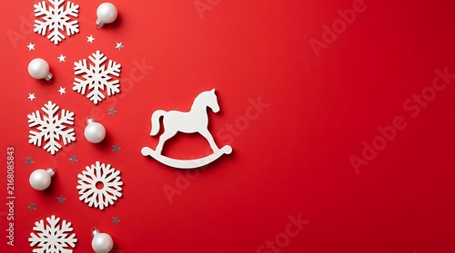 Christmas background with white rocking horse and snowflakes