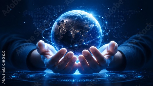 Global connectivity technology concept with hands holding digital glowing Earth globe and network lines
