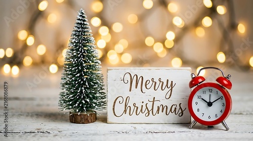 Merry christmas sign with small pine tree and red alarm clock