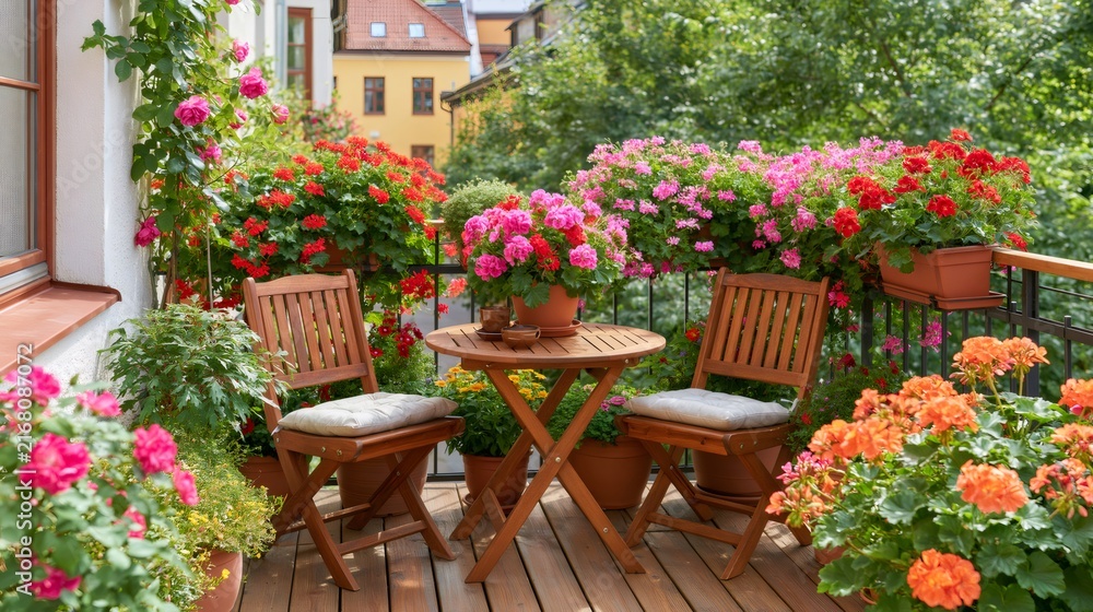 Fototapeta premium Sunny balcony with wooden furniture and colorful flowers