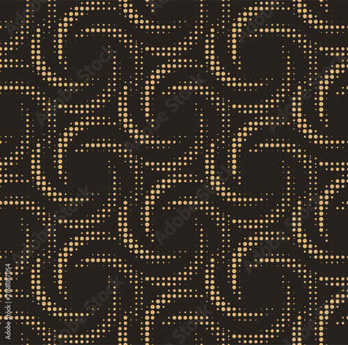 Abstract geometric background with golden dotted spirals on dark backdrop