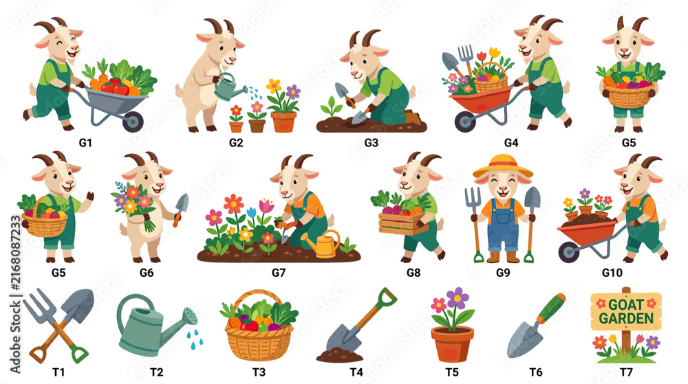 Fototapeta premium Cute Cartoon Goat Gardening and Farming Illustrations Set