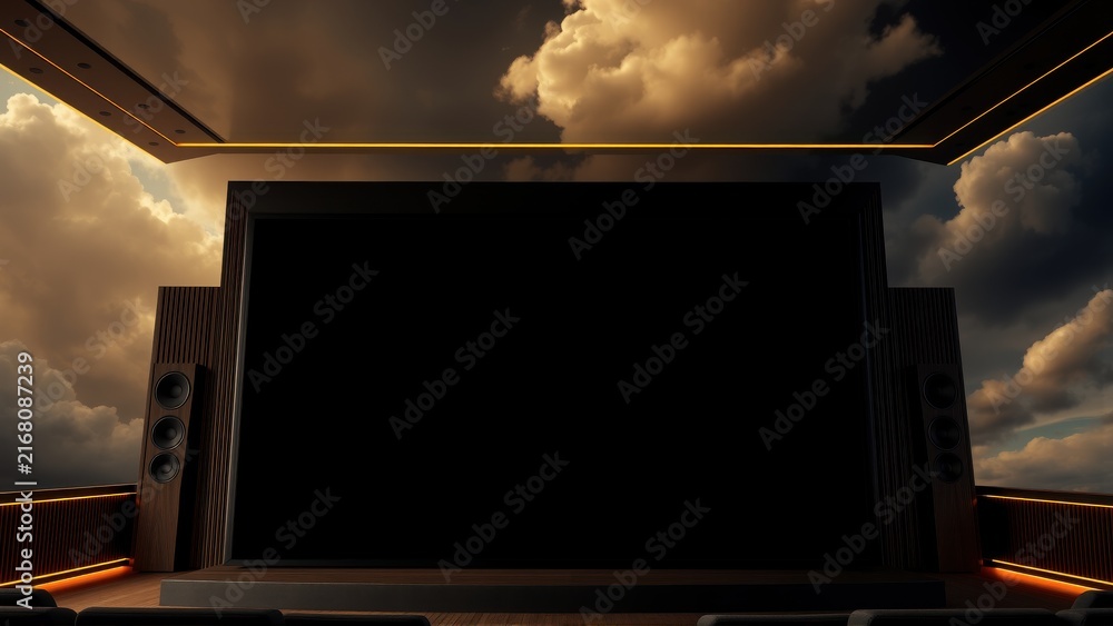 Fototapeta premium Dark home theater setup. Large screen dominates space, flanked by speakers. Dramatic sky visible above seating area. Warm lighting accents room.