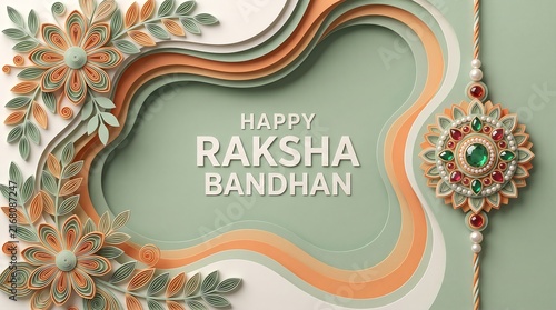 A 3D paper cut art background for Raksha Bandhan featuring the text Happy Raksha Bandhan surrounded by quilled flowers, leaves, layered frame borders.