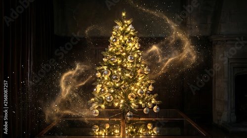 Christmas tree with golden ornaments and magical light swirls