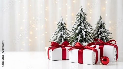Christmas gifts with red ribbons and snowy trees isolated on white background