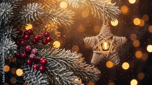 Christmas star ornament hanging on snowy fir tree branch