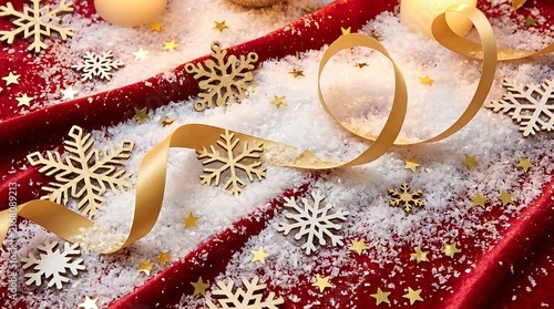 Christmas background with golden ribbons and snowflakes on red velvet