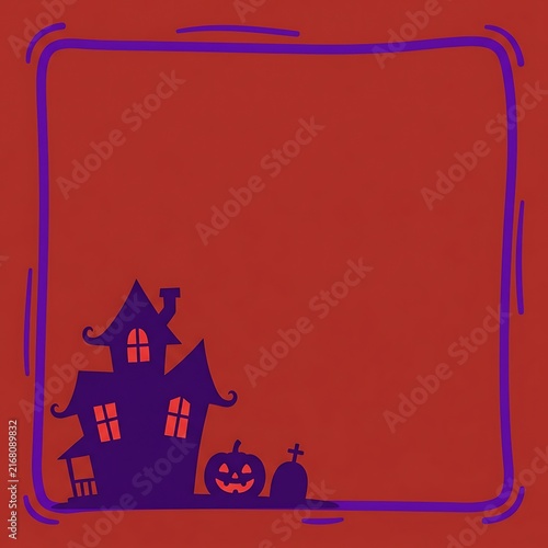 Minimalist halloween frame with haunted house and pumpkin