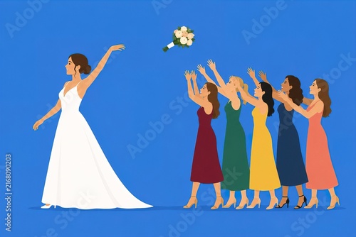 a bride throwing flowers to woman friends