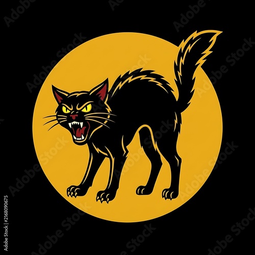 Angry black cat silhouette against full moon