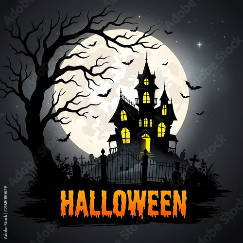 Halloween haunted mansion with full moon and iron gate