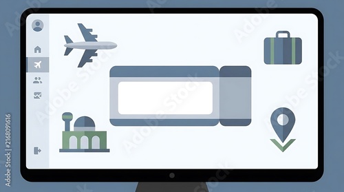 Computer monitor displaying flight booking interface and travel icons.