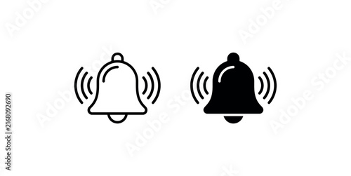 Canvas Print Ringing bell outline and solid icons for notification alerts, alarm reminders, and sound signals