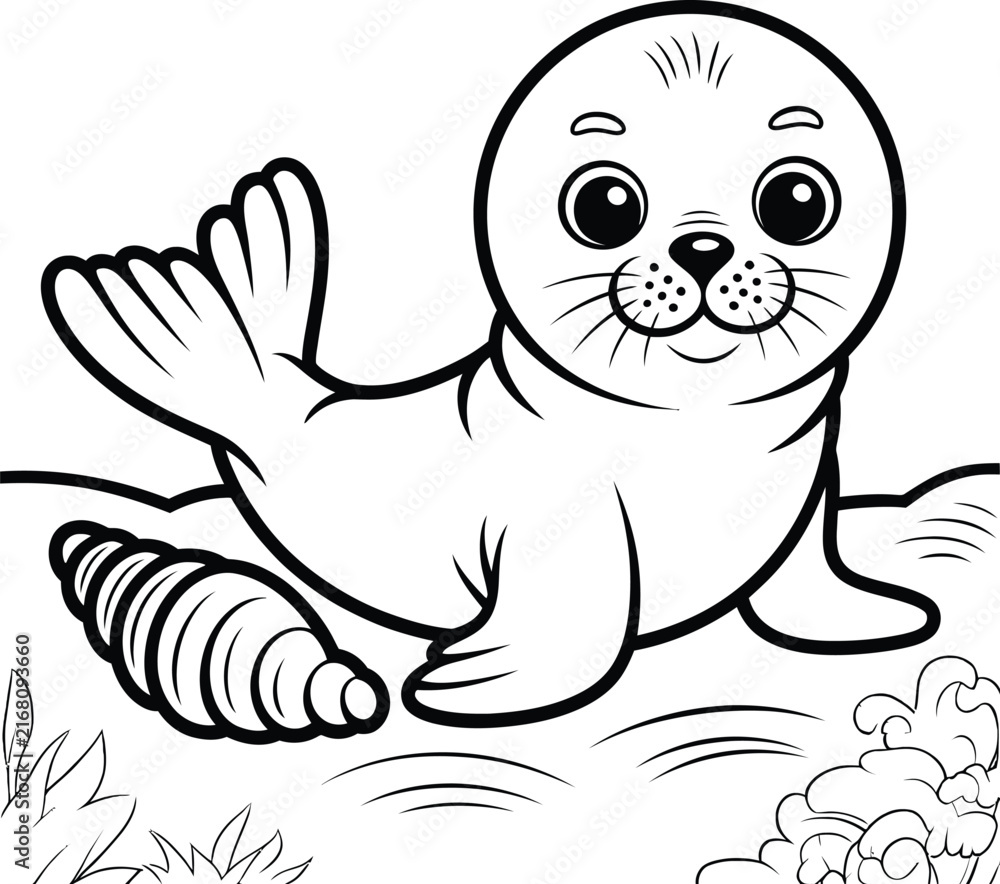 Fototapeta premium Adorable baby seal resting on the beach next to a seashell in black and white page style with sea animal ocean mammal cute seal marine life line art coloring book white background