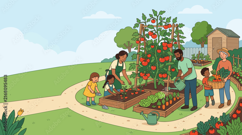 Naklejka premium Diverse Multigenerational Family Collaborating Together in a Sustainable Community Garden to Harvest Organic Vegetables for Healthy Living