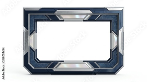 Futuristic Metallic Blue Rectangular Frame With Textured Details Isolated On White Background