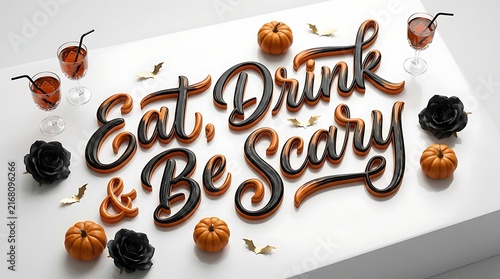 Eat drink and be scary hand lettering typography design surrounded by small decorative pumpkins and black flowers on a clean white background for halloween