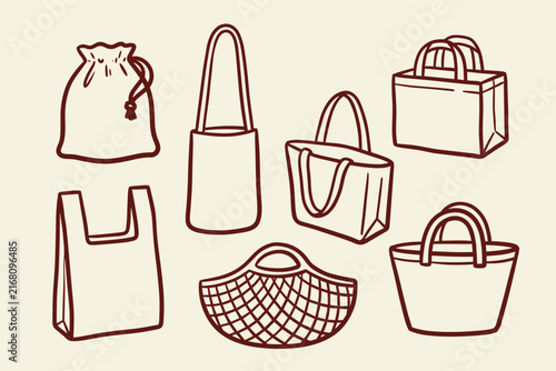 Minimalist eco bag vector set, reusable shopping tote illustrations, brown line art grocery bags, 7 sustainable packaging icons