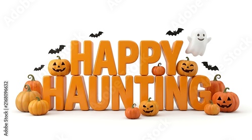 A festive 3d render of the text happy haunting decorated with carved jack o lanterns bats and a cute ghost on a white background
