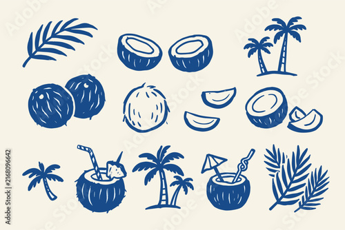 Vintage coconut vector illustrations, hand drawn tropical fruit icons, blue ink palm tree and summer cocktail set