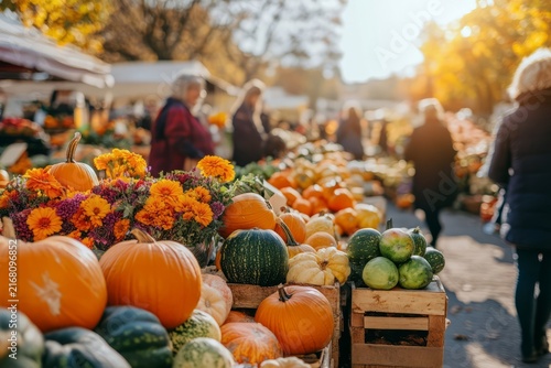 Autumn farmer's market displaying pumpkins and fall produce
