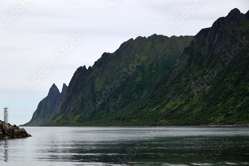 The mountains in the fjord of Senja, Norway's second-largest island, in Troms province