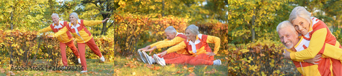 Active Senior Couple and Friends Exercising Outdoors in Autumn Park
