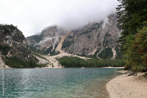 Beautiful autumn landscape at Lake Braies-Pragser Wildsee- in South Tyrol, Italy