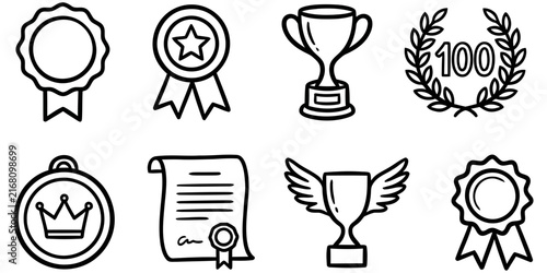 Set of hand drawn doodle style award and achievement icons including trophies medals and certificates for business success