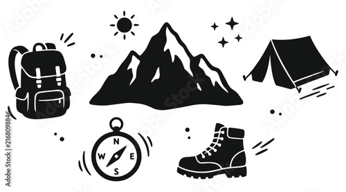 Black and white silhouette set vector hiking and camping with mountain backpack tent compass and boot