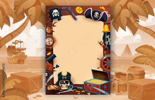 Kids pirate photo frame or flyer template. Cartoon pirate captain hat, treasure chest, map and compass, black skull and crossbones flag kids photo frame borders at treasure island background