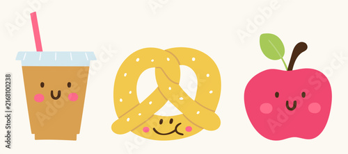 cute autumn bakery and drink characters set flat vector illustration funny happy pretzel apple cider cup school lunch food mascot trio isolated