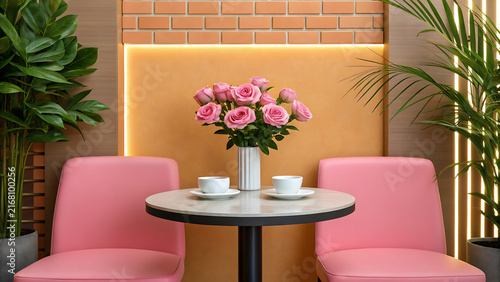 Modern pink velvet chairs with floral centerpiece in cozy minimalist indoor cafe setting