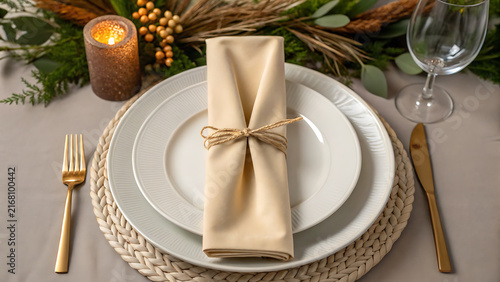 Elegant table setting with folded linen napkin and gold cutlery for fine dining event