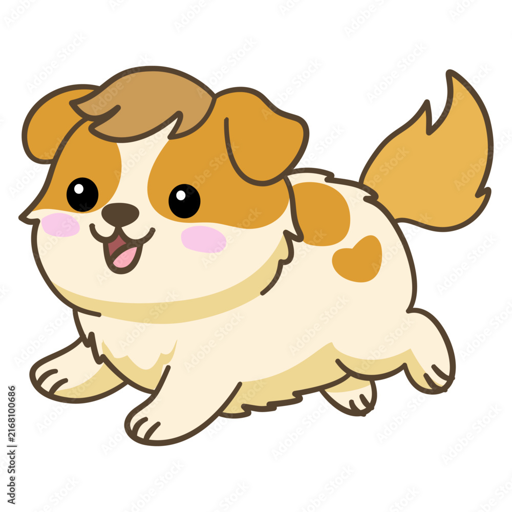 Obraz premium Cute puppy running happily with open mouth, active brown and white kawaii cartoon dog vector illustration for pet care, stickers, and children apparel.