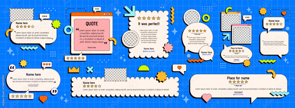 Naklejka premium Pack with different size testimony layouts drawn in neo brutalism style. Story, post and web banner size.