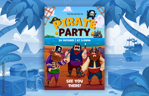 Fotografía Kids pirate party flyer with corsair sailors on the ship deck at treasure island beach background