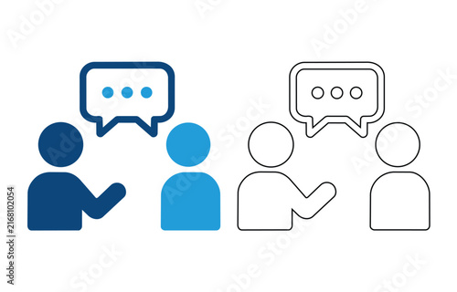 Two people talking icon set, communication and dialogue concept, flat and outline style vector illustration