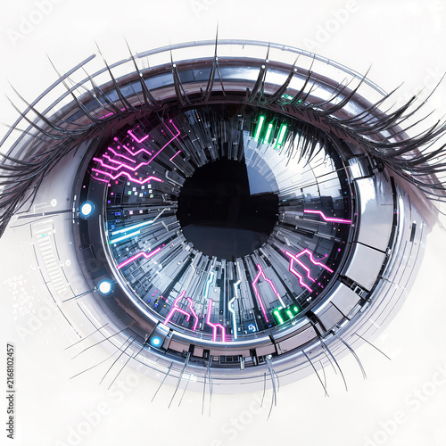 Futuristic Cybernetic Eye with Glowing Tech Circuit Iris Patterns