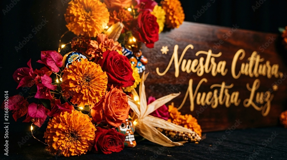 Obraz premium Arreglo floral con cempasúchil, rosas y letrero de 'Nuestra Cultura, Nuestra Luz' para la celebración del Mes de la Herencia Hispana y Día de los Muertos.