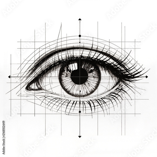 Vintage Engraving Eye Drawing with Architectural Grid and Arrow Guidelines