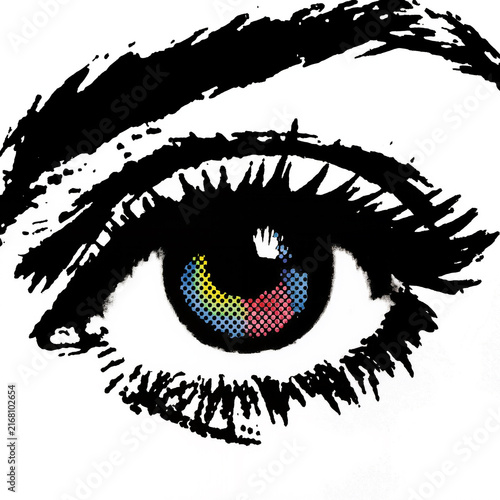 Pop Art Ink Sketch of Female Eye with Colorful Halftone Iris